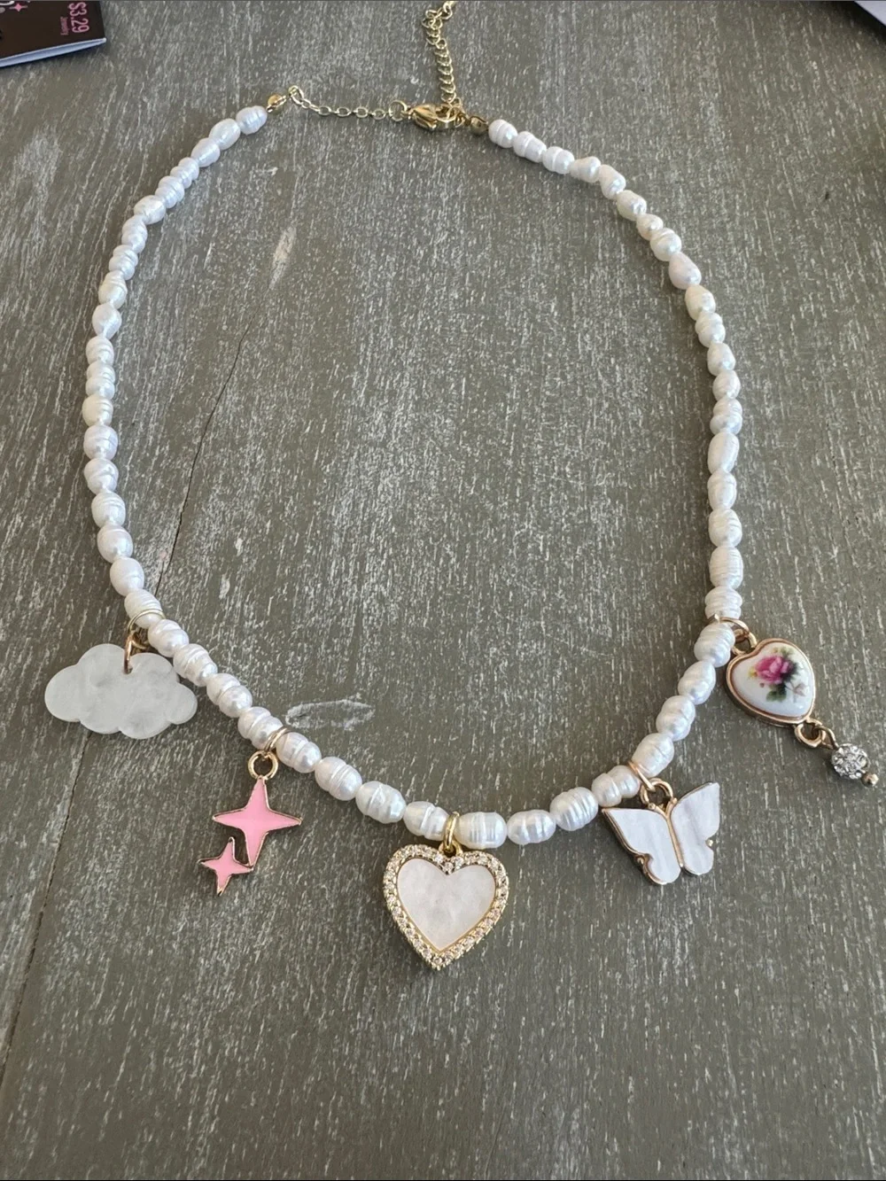 Pearl Bead Charm Necklace with Heart, Butterfly & Floral Charms